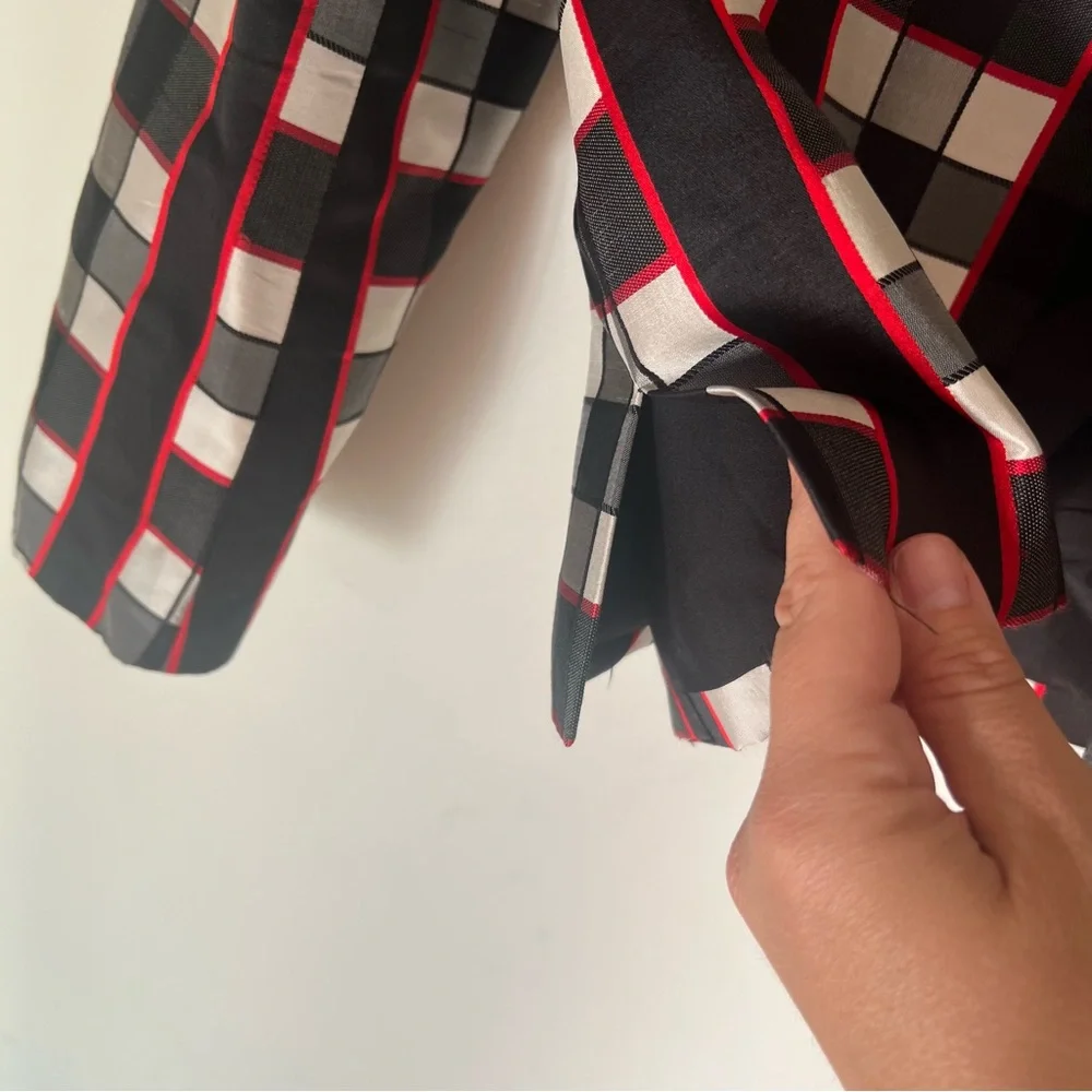 Nina Mclemore Red Black White Checked Silk Blazer Size 10 - Picture 8 of 15